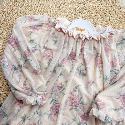 Vestido Manga Longa Floral Estilo Vintage- Off White e Rose